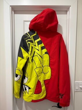 Snaggletooth 686 Red and Neon Yellow Graphic Ski Jacket with Hood men’s medium
